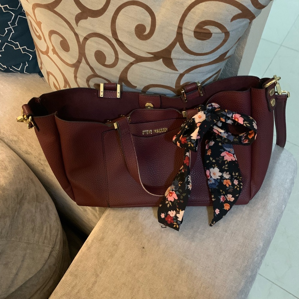 Steve Madden Burgundy Crossbody Tote with Floral Scarf Accent